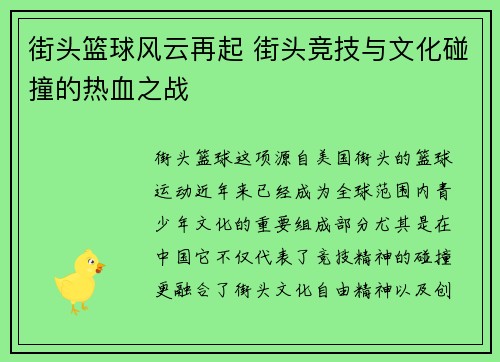 街头篮球风云再起 街头竞技与文化碰撞的热血之战